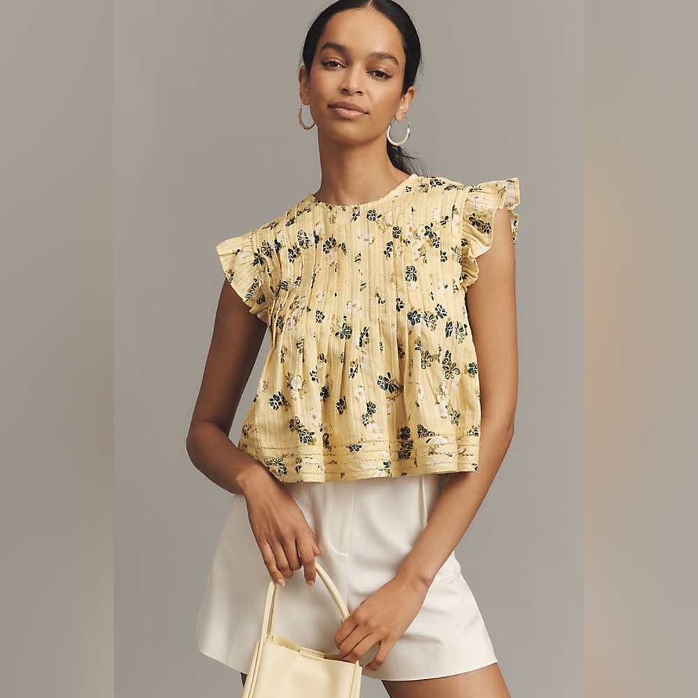 Anthropologie Yellow Floral Pleated Ruffle Crop Top